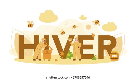 Hiver or beekeeper typographic header concept. Professional farmer with hive and honey. Countryside organic product. Apiary worker, beekeeping and honey production. Vector illustration