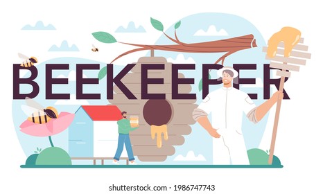 Hiver or beekeeper typographic header. Professional farmer gathering honey. Countryside organic product. Apiary worker, beekeeping and honey exctraction. Vector illustration