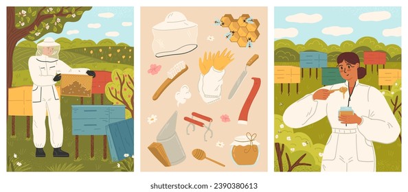 Hiver or beekeeper in uniform at apiary vector scene set