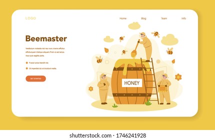 Hiver or beekeeper web banner or landing page. Professional farmer with hive and honey. Countryside organic product. Apiary worker, beekeeping and honey production. Vector illustration