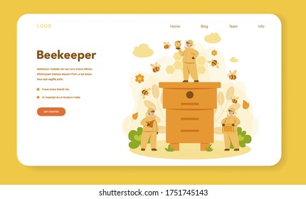 Hiver or beekeeper web banner or landing page. Professional farmer with hive and honey. Countryside organic product. Apiary worker, beekeeping and honey production. Vector illustration