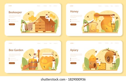 Hiver or beekeeper web banner or landing page set. Professional farmer with hive and honey. Countryside organic product. Apiary worker, beekeeping and honey production. Vector illustration