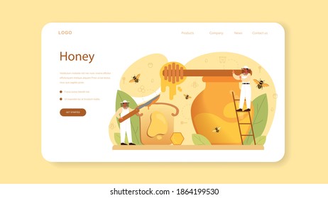 Hiver or beekeeper web banner or landing page. Professional farmer with hive and honey. Countryside organic product. Apiary worker, beekeeping and honey production. Vector illustration