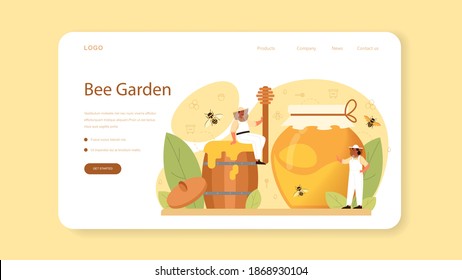 Hiver or beekeeper web banner or landing page. Professional farmer with hive and honey. Countryside organic product. Apiary worker, beekeeping and honey production. Vector illustration