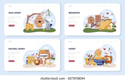 Hiver or beekeeper web banner or landing page set. Professional farmer with hive and honey. Countryside organic product. Apiary worker, beekeeping and honey production. Vector illustration