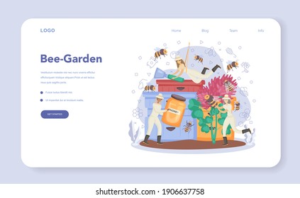 Hiver or beekeeper web banner or landing page. Professional farmer making honey. Countryside organic product. Apiary worker, beekeeping and honey production. Vector illustration