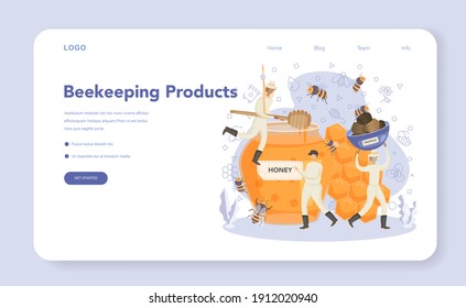 Hiver or beekeeper web banner or landing page. Professional farmer making honey. Countryside organic product. Apiary worker, beekeeping and honey production. Vector illustration