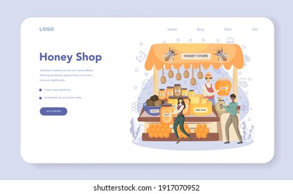 Hiver or beekeeper web banner or landing page. Professional farmer making honey. Countryside organic product. Apiary worker, beekeeping and honey production. Vector illustration