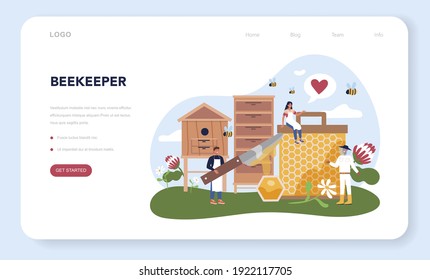 Hiver or beekeeper web banner or landing page. Professional farmer with hive and honey. Countryside organic product. Apiary worker, beekeeping and honey production. Vector illustration