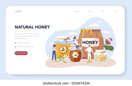 Hiver or beekeeper web banner or landing page. Professional farmer with hive and honey. Countryside organic product. Apiary worker, beekeeping and honey production. Vector illustration