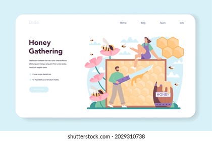 Hiver or beekeeper web banner or landing page. Professional farmer gathering honey. Countryside organic product. Apiary worker, beekeeping and honey exctraction. Vector illustration