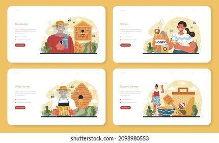 Hiver or beekeeper web banner or landing page set. Professional farmer gathering honey. Countryside organic product. Apiary worker, beekeeping and honey exctraction. Vector illustration