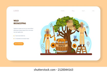 Hiver or beekeeper web banner or landing page. Apiculture farmer gathering honey. Countryside organic product. Apiary worker, beekeeping and honey extraction. Flat vector illustration