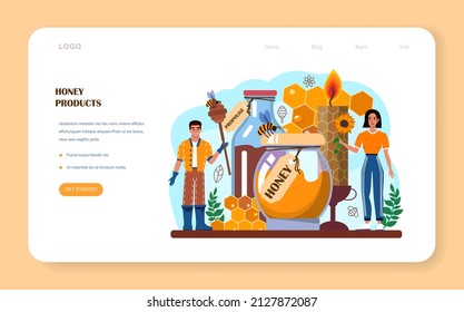 Hiver or beekeeper web banner or landing page. Apiculture farmer gathering honey. Countryside organic product. Apiary worker, beekeeping and honey extraction. Flat vector illustration