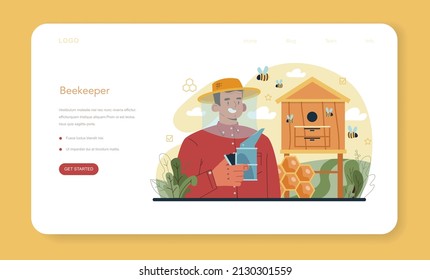 Hiver or beekeeper web banner or landing page. Professional farmer gathering honey. Countryside organic product. Apiary worker, beekeeping and honey exctraction. Vector illustration