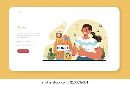 Hiver or beekeeper web banner or landing page. Professional farmer gathering honey. Countryside organic product. Apiary worker, beekeeping and honey exctraction. Vector illustration