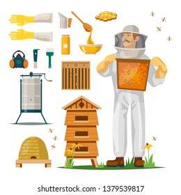 Hiver in suit or beekeeper with mask with honeycomb. Icons for apiculture. Smoker and gloves, frame and bee tool, respirator and feeder, queen excluder and spoon. Beehive and insect, agriculture farm