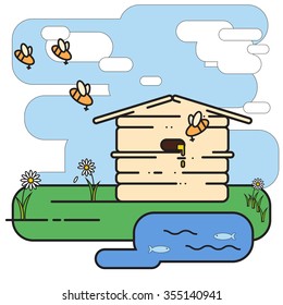 Hives in an apiary with bees, vector illustration