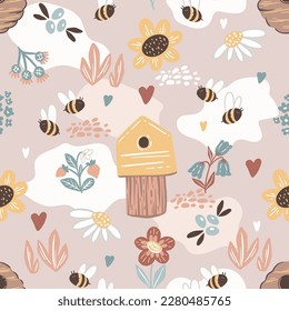 Hives, bees and flowers, seamless pattern with hand drawn illustrations