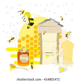 Hives with bees vector flat illustrations. Honey and honey products in the apiary. Natural honey. Bank of honey bees, honeycombs, honey bee hives and flowers.