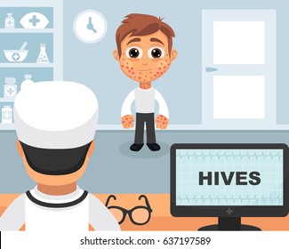 Hives medical concept. Vector illustration. Doctor and patient are talking in the hospital. Isolated on white background.