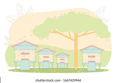 Hives on Field with Tree Flat Cartoon Vector Illustration. Apiary with Bee Hives and Swarm on Nature. Beekeeping Hobby. Family Business, Farming. Organic Fresh Production. Apiculture.