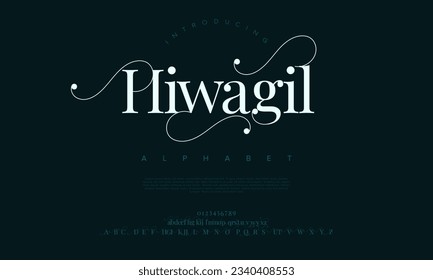 Hiwagil premium luxury elegant alphabet letters and numbers. Elegant wedding typography classic serif font decorative vintage retro. Creative vector illustration