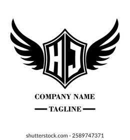 HJ A bold winged shield emblem with customizable initials A-Z. Sleek black-and-white vector, perfect for branding, sports teams, motorcycle clubs, gaming,apparel and High-quality
