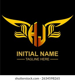 HJ Golden Wing Emblem Logo with elegant gold wings, sleek and modern design. Ideal for branding, creative projects, luxury businesses, or artistic ventures.