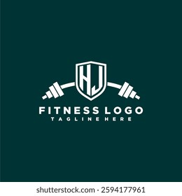 HJ initial monogram for fitnes or gym logo with creative shield and barbell design