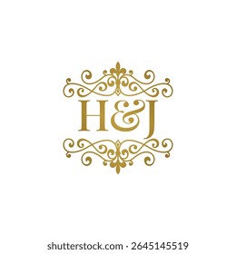HJ initials logo ornament gold. Letter HJ wedding ampersand or business partner symbol