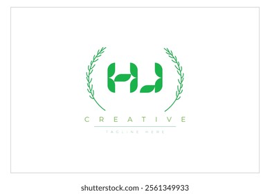 HJ letters eco logo with leaf. Fresh nature and healthy leaf logo design.