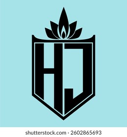 HJ Logo featuring a minimalist design with a crown-like flower symbol on top, bold black elements, and a soft blue background, perfect for branding and modern visual identity.