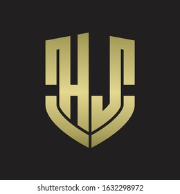 HJ Logo monogram with emblem shield shape design isolated gold colors on black background