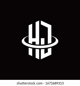 Logotipo de monograma HJ en forma de hexágono y rodeado por un anillo