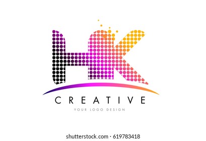 HK H K Dots Letter Logo Design with Magenta Bubble Circles and Swoosh