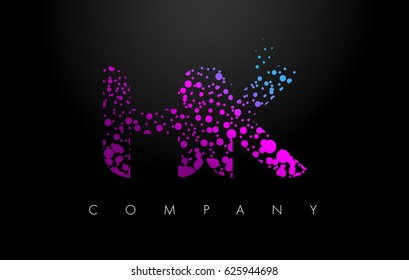 HK H K Letter Logo with Purple Blue Particles and Bubble Dots Design Vector.