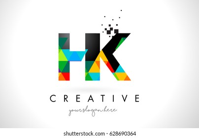 HK H K Letter Logo with Colorful Vivid Triangles Texture Design Vector Illustration.