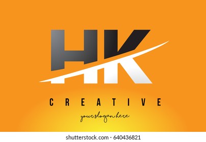 HK H K Letter Modern Logo Design with Swoosh Cutting the Middle Letters and Yellow Background.