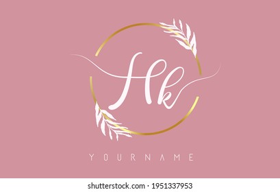 HK h k Letters logo design with golden circle and white leaves on branches around. Vector Illustration with with H and k letters for personal branding, business, eco friendly or natural products. 