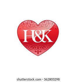 H&K initial letter couple logo with ornament heart shape