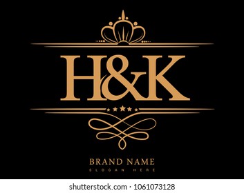 H&K Initial logo, Ampersand initial logo gold with crown and classic pattern