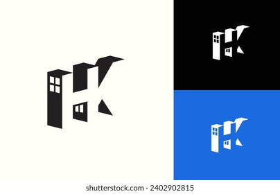 HK letter building abstratc 3d prespective logo design is a logo design that illustrates the letters H and K forming a building in 3D, a logo for contractor companies, apartments, real estate.