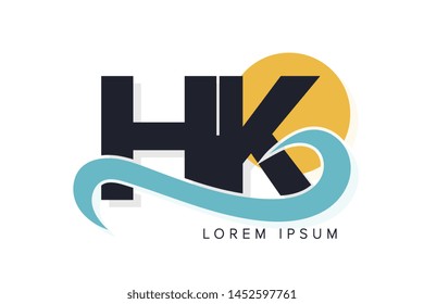 HK letter logo with ocean waves and sunset. Beach concept design