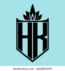 HK Logo featuring a minimalist design with a crown-like flower symbol on top, bold black elements, and a soft blue background, perfect for branding and modern visual identity.