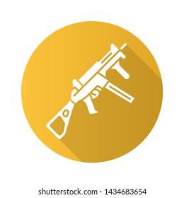 HK UMP weapon flat design long shadow glyph icon. Virtual video game firearm, gun. Shooter game rifle, blaster. Cybersport, esport sniper military inventory, equipment. Vector silhouette illustration