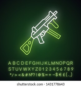 HK UMP weapon neon light icon. Virtual video game firearm, gun. Shooter game rifle. Cybersport sniper military inventory. Glowing sign with alphabet, numbers and symbols. Vector isolated illustration