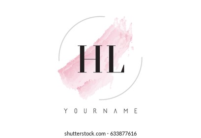 HL H L Watercolor Letter Logo Design with Circular Shape and Pastel Pink Brush.