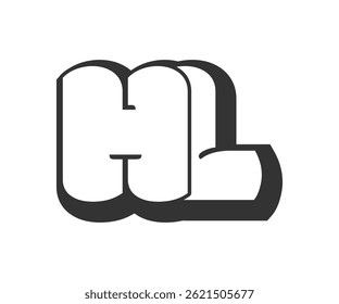 HL logo, bubble comic lettering, rounded in graffiti style black and white silhouette. Trendy preschool H and L letter text for festival party, personal initials, children funky print and web. 