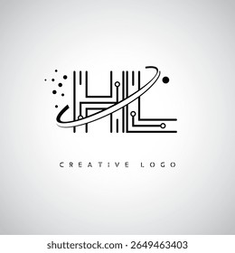 Logotipo de Monograma de Órbita HL - Marca de Letra Mínima Futurista com Linha de Arte Circular, Pontos Inspirados na Tecnologia e Conceito de Movimento Espacial para Identidade de Marca Moderna